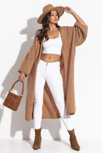 Długi kardigan oversize z szerokimi rękawami F1271 karmelowy