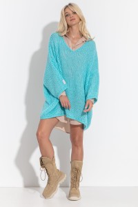 Sweter oversize z dekoltem V – luźny sweter sukienka F1296 turkusowy