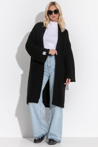 Długi kardigan z kieszeniami z wełny alpaki gruby splot F1314 czarny