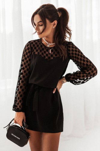 SUKIENKA MALENA Z SIATECZKĄ W GROCHY - CZARNA