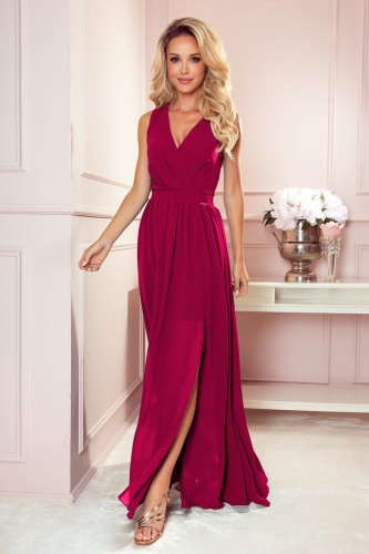 Długa suknia z kopertowym dekoltem - BORDOWA