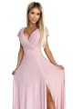 Długa połyskująca suknia z kopertowym dekoltem - PUDROWY RÓŻ