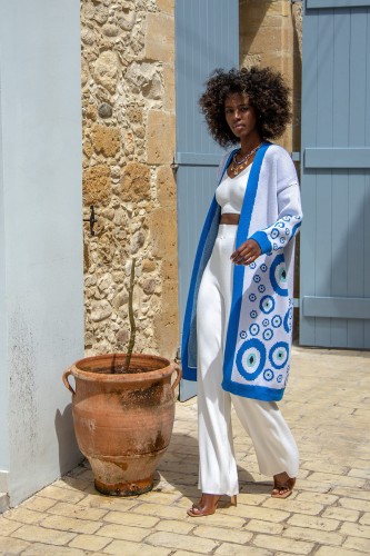 Długi kolorowy kardigan oko proroka F1649 niebieski