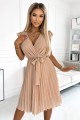 Plisowana sukienka z dekoltem i falbankami - BEŻOWA