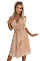 Plisowana sukienka z dekoltem i falbankami - BEŻOWA