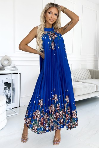 Plisowana satynowa sukienka maxi - CHABROWA W KWIATY