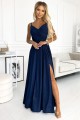 Elegancka rozkloszowana maxi suknia na ramiączkach - GRANATOWA Z BROKATEM