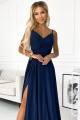 Elegancka rozkloszowana maxi suknia na ramiączkach - GRANATOWA Z BROKATEM