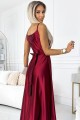 Elegancka długa satynowa suknia z dekoltem i rozcięciem na spódnicy  - BORDOWA