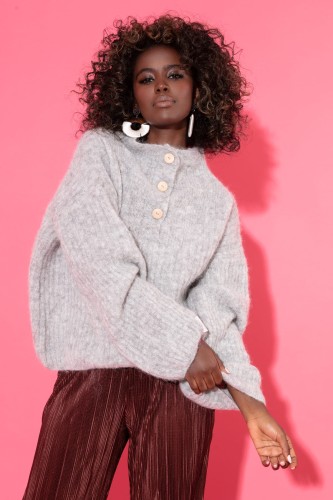 Elegancki zapinany sweter z wełny alpaki F1393 szary