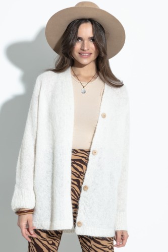 Elegancki zapinany kardigan z wełny alpaki F1376 ecru