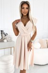 348-7 Rozkloszowana sukienka z dekoltem i paskiem - BEŻOWA