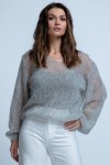 Lekki sweter mgiełka z dekoltem w serek z wełny alpaki F1853 szary