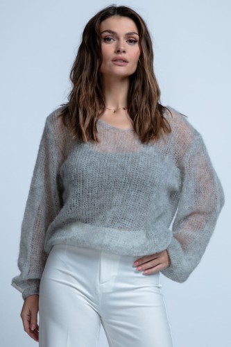 Lekki sweter mgiełka z dekoltem w serek z wełny alpaki F1853 szary