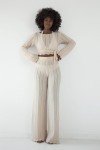 Komplet długie spodnie ażurowe i bluzka wiązana F1862 beżowy
