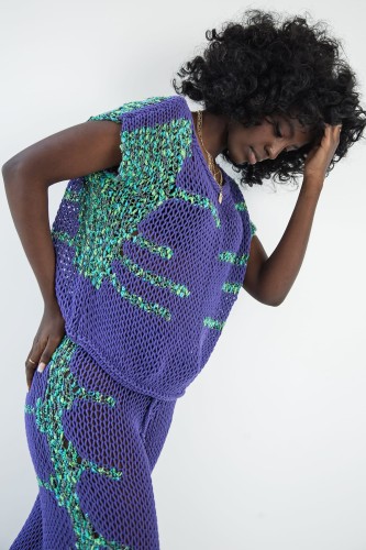 Komplet ażurowy top i spodnie F1857 fioletowy