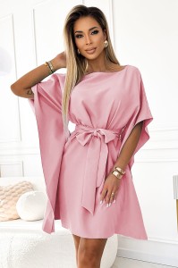 287-32 SOFIA Kobieca sukienka motyl z wiązanym paskiem - PUDROWY RÓŻ