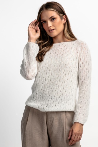 Delikatny elegancki sweter z wełny alpaki i wełny dziewiczej F1889 ecru