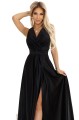 Długa ekskluzywna satynowa suknia z dekoltem i rozcięciem na spódnicy - CZARNA