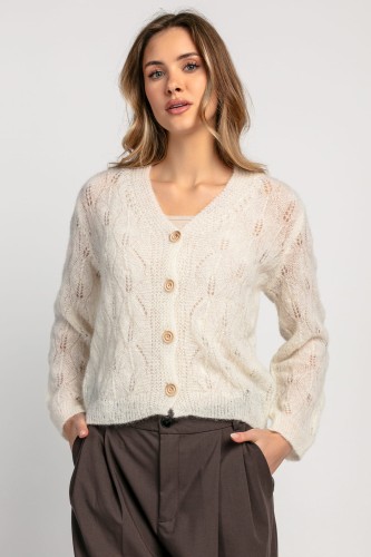 Delikatny ażurowy kardigan mgiełka z wełny alpaki F1967 ecru