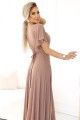 JENNIFER połyskująca długa suknia z rękawkiem i dekoltem - MOCHA MOUSSE Z BROKATEM