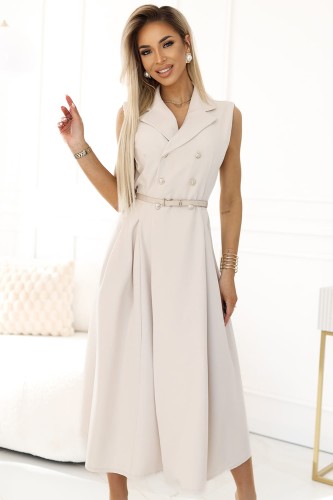 Elegancka szmizjerka midi ze złotymi guzikami i paskiem - BEŻOWA