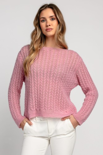 Delikatny sweter mgiełka z wełny alpaki F1981 różowy