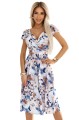 Kobieca sukienka z dekoltem i krótkim rękawkiem - beżowo-błękitne kwiaty