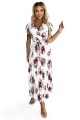 Plisowana sukienka midi z dekoltem i falbankami - ecru + bordowe kwiaty