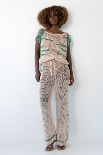 Komplet ażurowy top i spodnie F1857 beżowy