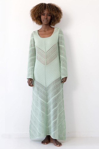 Długa ażurowa sukienka boho F2035 pistacja