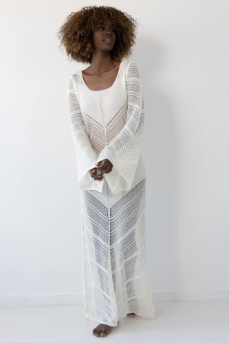 Długa ażurowa sukienka boho F2035 ecru