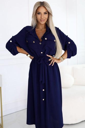 Szmizjerka midi ze złotymi guzikami i wiązaniem - GRANATOWA