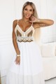 Długa beżowo-biała sukienka boho z szydełkową górą na cienkich ramiączkach
