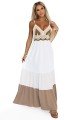 Długa beżowo-biała sukienka boho z szydełkową górą na cienkich ramiączkach