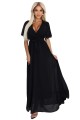 Długa rozkloszowana sukienka z plisowanym dekoltem i wiązaniem - CZARNA