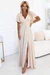 581-6 Długa suknia z rozcięciem na spódnicy, rozkloszowanym rękawkiem i dekoltem - BEŻOWA