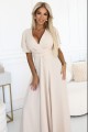 JENNIFER długa suknia z rozcięciem na nogę, rękawkiem i dekoltem - BEŻOWA