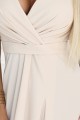 JENNIFER długa suknia z rozcięciem na nogę, rękawkiem i dekoltem - BEŻOWA