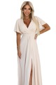 JENNIFER długa suknia z rozcięciem na nogę, rękawkiem i dekoltem - BEŻOWA