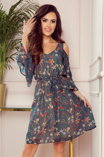 721292-2 MARINA zwiewna sukienka z dekoltem - ZIELONA W KWIATY-1