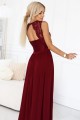 LEA długa suknia z koronkowym dekoltem i rozcięciem na nogę - bordowa