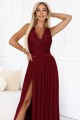 LEA długa suknia z koronkowym dekoltem i rozcięciem na nogę - bordowa