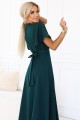 JENNIFER długa suknia z rozcięciem na nogę, rękawkiem i dekoltem - zieleń butelkowa