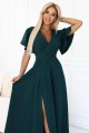 JENNIFER długa suknia z rozcięciem na nogę, rękawkiem i dekoltem - zieleń butelkowa