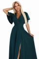 JENNIFER długa suknia z rozcięciem na nogę, rękawkiem i dekoltem - zieleń butelkowa