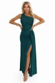 SELENA połyskująca długa sukienka na jedno ramię z rozcięciem - zielona z brokatem