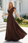 411-15 CRYSTAL satynowa długa suknia z dekoltem - czekoladowa