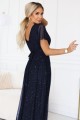 MELANIA długa błyszcząca suknia z dekoltem i krótkim rękawkiem - granatowa