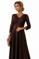 AMBER elegancka długa koronkowa suknia z dekoltem - czekolada